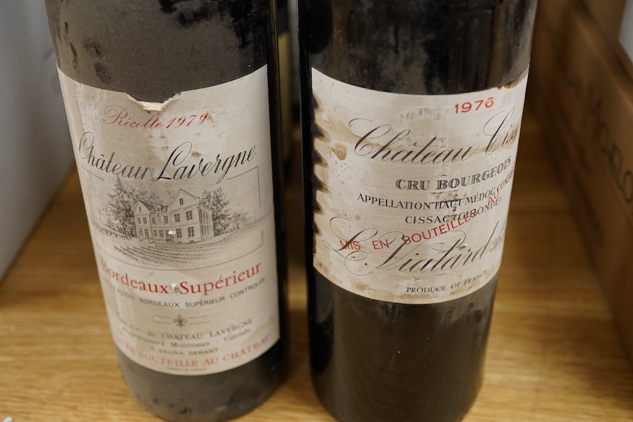 Nine bottles of wine; three Chateau Lavergne Bordeaux Superieur 1979, Beaune 1974, Côtes du Rhône 1978, Beaujolais 1979, etc.